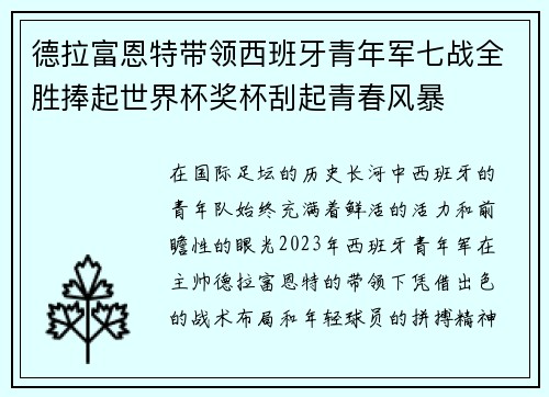 德拉富恩特带领西班牙青年军七战全胜捧起世界杯奖杯刮起青春风暴 德拉富恩特带领西班牙青年军七战全胜捧起世界杯奖杯刮起青春风暴