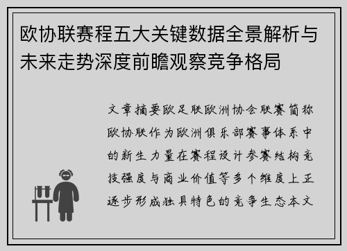 欧协联赛程五大关键数据全景解析与未来走势深度前瞻观察竞争格局